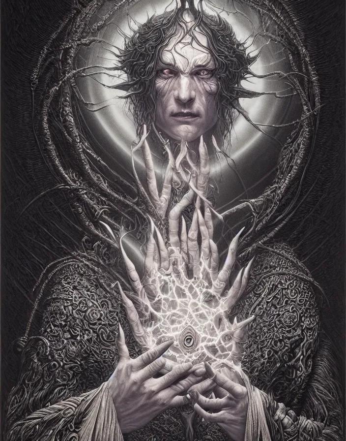 Prompt: highly detailed portrait of a dark mage casting a spell by alex grey, patrick woodroffe, mark ryden created by gustave dore and greg rutkowski, high detailed, smooth draw, synthwave neon retro, intricate, realistic proportions, dramatic lighting, trending on artstation