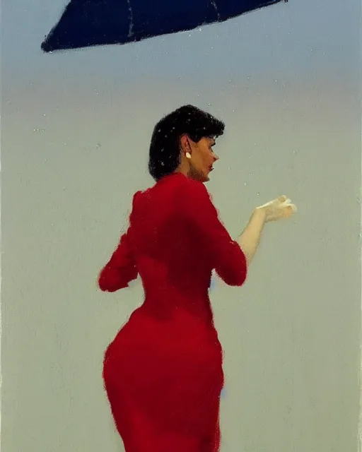 Image similar to a jack vettriano portrait painting of a woman wearing a red dress dancing in the pouring rain