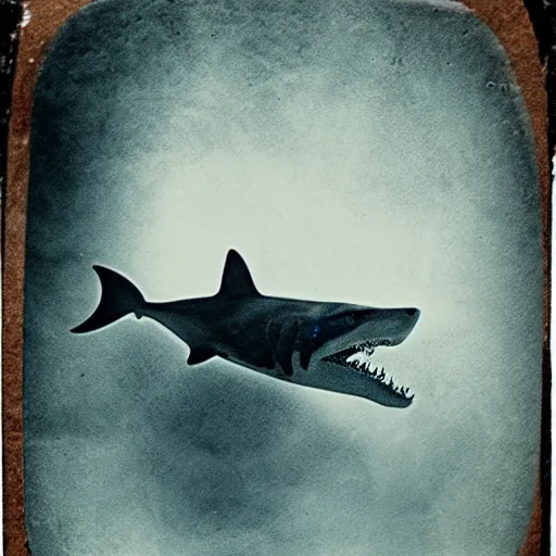 Prompt: underwater tintype ghost riding a shark