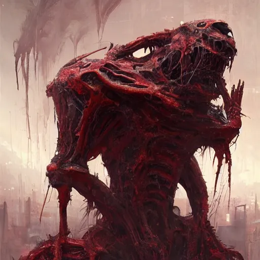 Image similar to concept art by greg rutkowski, a hideous monster made of twisted flesh and reddish ooze, claustrophobic and futuristic, brutalistic environment, scifi, detailed and intricate environment, high technology, highly detailed portrait, digital painting, artstation, concept art, smooth, sharp foccus ilustration, artstation hq.