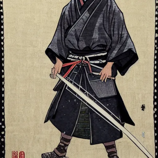 Image similar to jesse pinkman from breaking bad wearing samurai armor and holding a katana in feudal japan, 4 k, hyper realistic, ink block painting, edo period