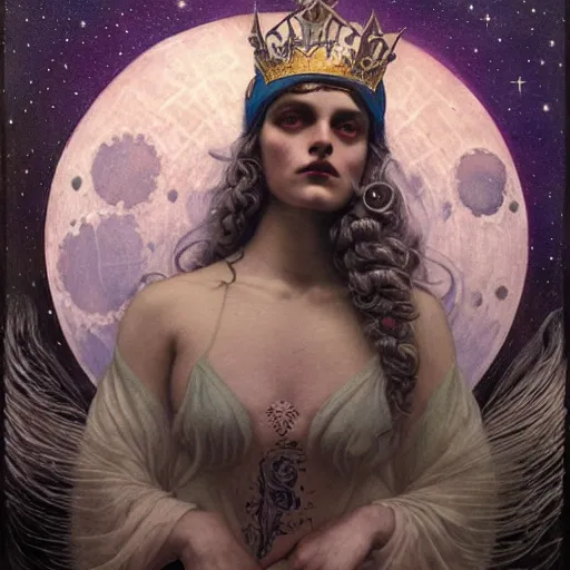 Prompt: queen of the moon with stars in her hair, by tino rodriguez and annie swynnerton and nicholas roerich and jean delville and donato giancola and tom bagshaw and lucien freud, dramatic lighting, goth tattoos, rich colors, smooth sharp focus, extremely detailed, adolf wolfli