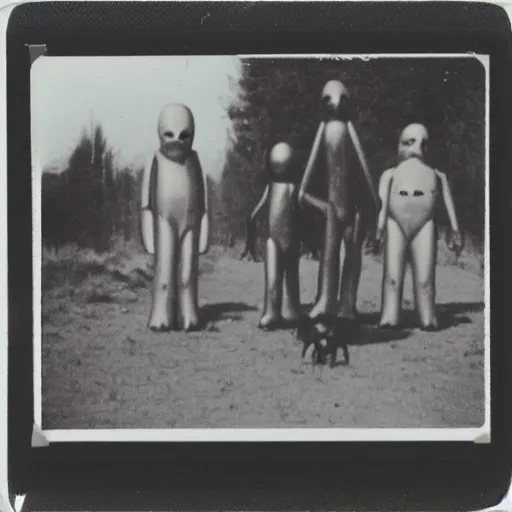 Image similar to polaroid photograph of horrorific alien beings visiting earth, 1 9 5 0