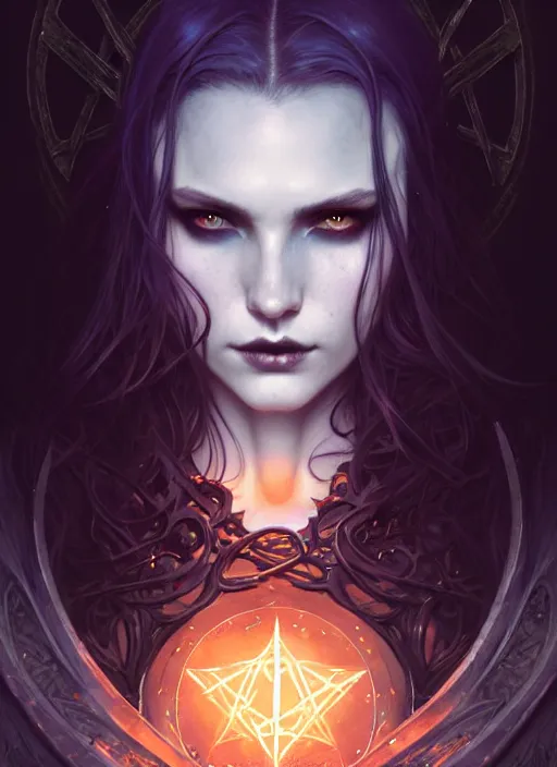 Image similar to Necromancer Sorceress goddess of death, fantasy pentagram magic, undercut hairstyle, dark light night, intricate, elegant, sharp focus, illustration, highly detailed, digital painting, concept art, matte, art by WLOP and Artgerm and Greg Rutkowski and Alphonse Mucha, masterpiece