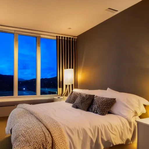 Prompt: a futuristic furnished bedroom with a large window at sunset, godrays, luxury white bed, warm lighting