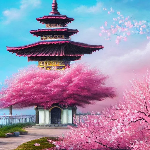 Prompt: detailed airbrushed magical realism oil painting of beautiful pagoda surrounded by blooming pink and white cherry blossom trees 4 k hd