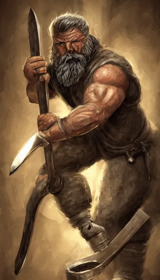 Image similar to the blacksmith, very strong, muscular, big hammer, anvil, beard, cheeky, coloured, fame of thrones, fibonacci, sweat drops, intricate fashion clothing, insane, intricate, highly detailed, surrealistic, digital painting, artstation, concept art, smooth, sharp focus, illustration, Unreal Engine 5, 8K, art by artgerm and greg rutkowski and alphonse mucha