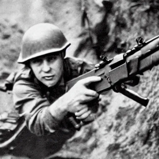 Image similar to Barney the dinosaur holding a rifle during world war 2, realistic, 35mm photograph