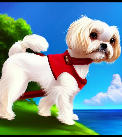 Image similar to small white maltese shihtzu mix dog riding merry - go - round smiling full color digital illustration in the style of don bluth, artgerm, artstation trending, 4 k