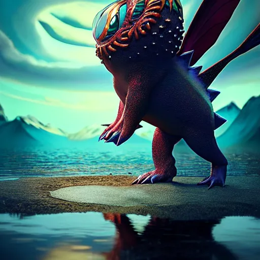 Image similar to ( ( pokemon ) ) creature creature in alaska, backlit, water reflection, warm tones : : by michal karcz, daniel merriam, victo ngai and guillermo del toro : : ornate, dynamic, particulate, intricate, elegant, highly detailed, centered, artstation, smooth, sharp focus, octane render, 3 d