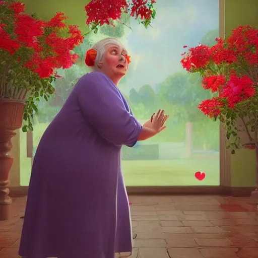 Image similar to of a very funny 3 d cinematic scene. a sweet fat old woman is in love with her self. flowery dress. symmetrical face, red mouth, blue eyes. a flowery dress. deep focus, lovely scene. artstation. unreal engine. pencil and ink. goya painting style.