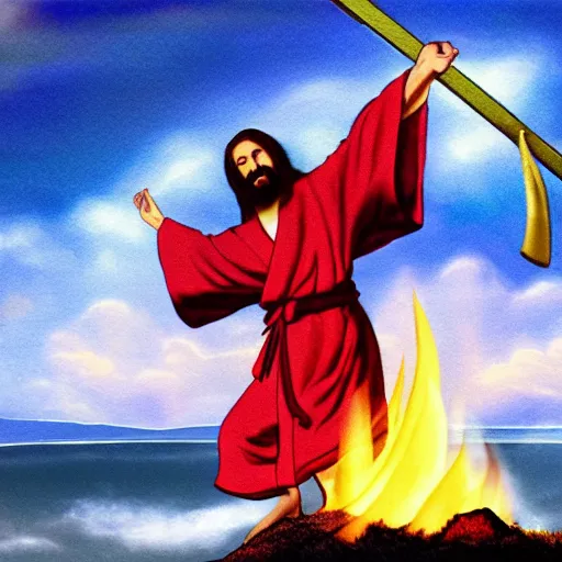 Prompt: jesus in a kimono swinging his sword and making a fire wave on the hill, artistic, hyper realistic, full hd, good lights