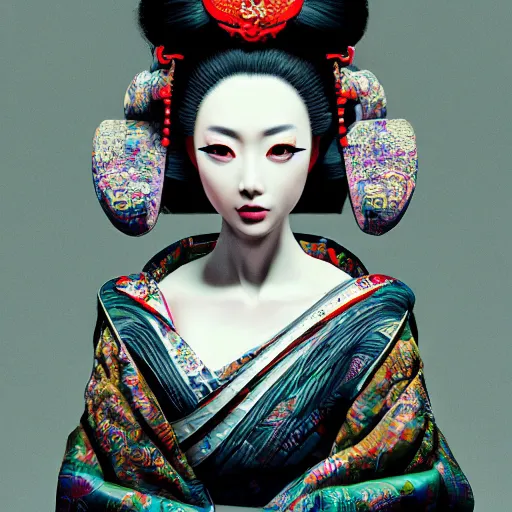 Image similar to the portrait of an absurdly beautiful, graceful, elegant, sophisticated, fashionable cyberpunk geisha gravure idol, an ultrafine hyperdetailed illustration by kim jung gi, irakli nadar, vania zouravliov, intricate linework, bright colors, porcelain skint, unreal engine 5 highly rendered, global illumination, radiant light, detailed and intricate environment