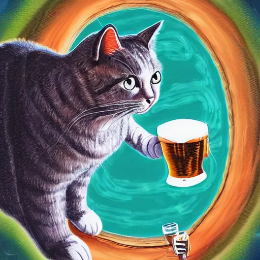 Prompt: cat is drinking beer on a spaceship, digital art