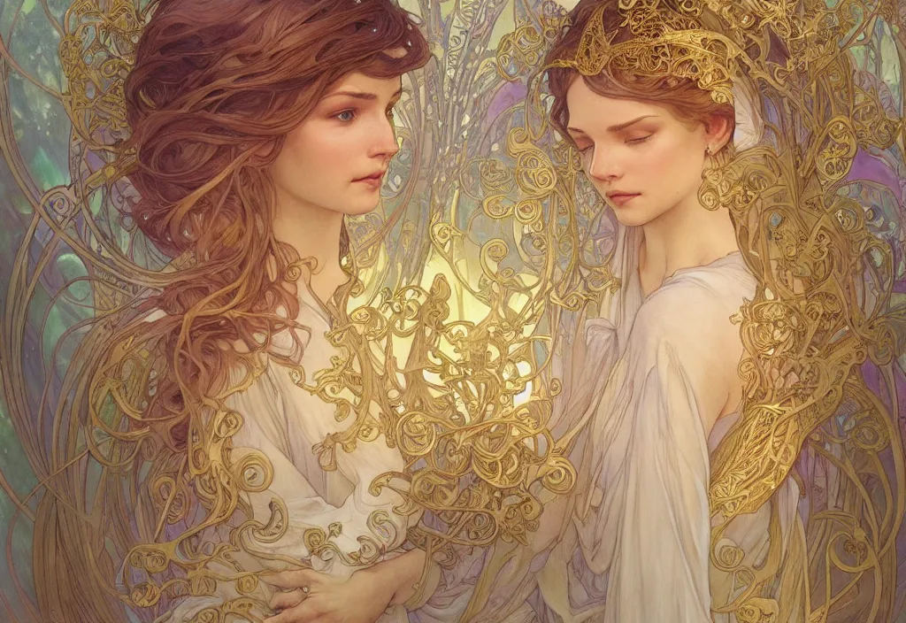 Image similar to an angel, highly detailed, very intricate, art nouveau, gold filigree, romantic storybook fantasy, soft cinematic lighting, award - winning, disney concept art watercolor illustration by mandy jurgens and alphonse mucha and alena aenami, pastel color palette, featured on artstation