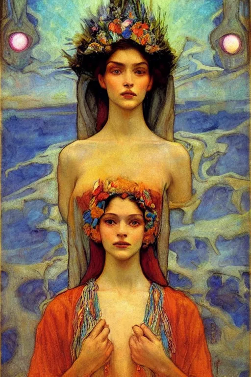 Image similar to queen of summer by Annie Swynnerton and Nicholas Roerich, strong dramatic cinematic lighting , ornate headdress , flowing robes, lost civilizations, smooth, sharp focus, extremely detailed