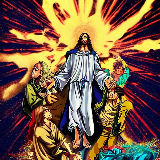 Prompt: the transfiguration of jesus christ in the style of jojo's bizarre adventure, highly detailed, trending on artstation