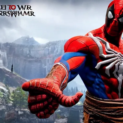 Image similar to screenshot of the game God of War with Kratos and Spiderman shaking hands | Sony Pictures official media | Spiderman | Spiderman | Spiderman