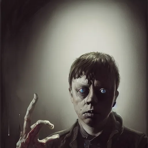 Prompt: young adult bernard sumner of new order as a zombie looking sad, 7 days to die zombie, gritty background, fine art, award winning, intricate, elegant, sharp focus, cinematic lighting, digital painting, 8 k concept art, art by michael hussar, art by brom, art by guweiz and z. w. gu, 8 k