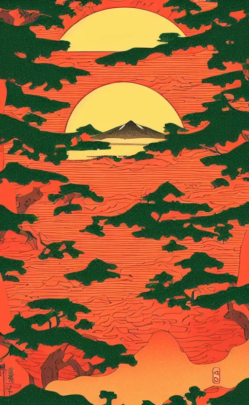 Image similar to hanafuda, an aperture to a lake in a forest of japanese pines, a big red sun in the background, front game card, vector line art, trending on behance, concept art, stunning, matte