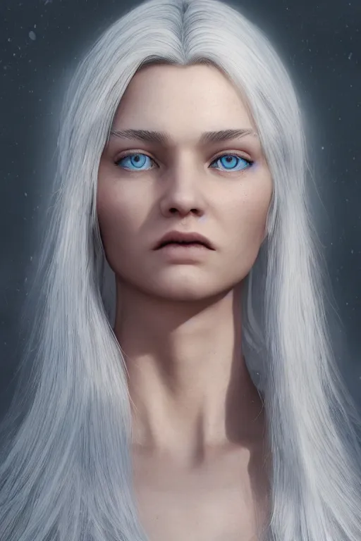 Image similar to ultra realistic facial portrait of a beautiful nordic woman, blue eyes, white hair, digital art, character portrait, highly detailed, trending on artstation, lens flare, atmosphere, hyper realistic, cinematic lightning, sharp focus, unreal engine 5, extreme details perfect face, pretty face, fine - face, illustration, 8 k, ultra texture, masterpiece