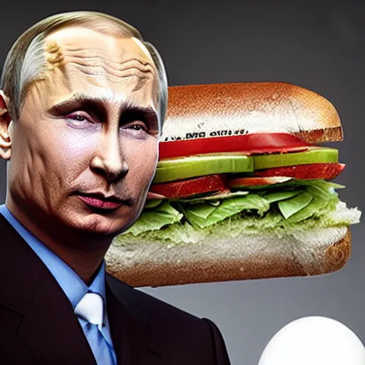 Prompt: uhd hyperrealistic submarine sandwich with vladimir putin's face on it. photo by annie leibowitz.