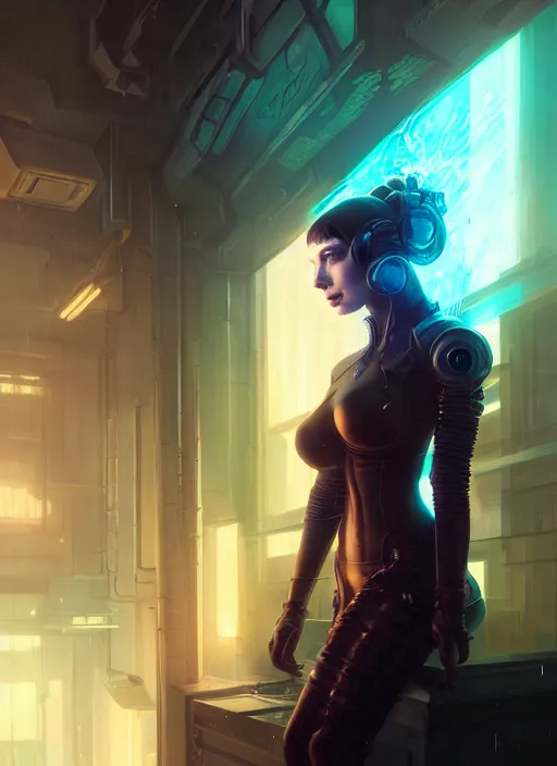 Image similar to highly detailed christina hendricks as a cyberpunk character, stephen bliss, unreal engine, fantasy art by greg rutkowski, loish, rhads, ferdinand knab, makoto shinkai and lois van baarle, ilya kuvshinov, rossdraws, tom bagshaw, global illumination, radiant light, detailed and intricate environment