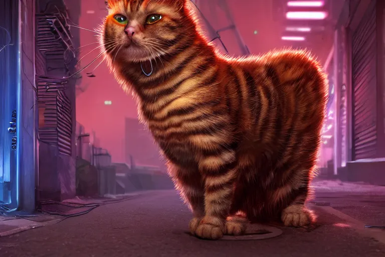 Prompt: cyberpunk ginger cat in the alley, neon lighting, rendered in unreal engine, trending on artstation, cyberpunk, night