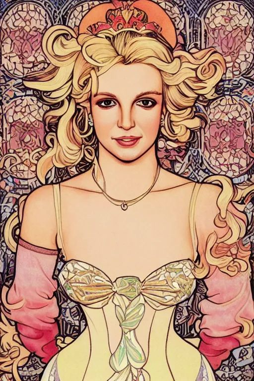 Image similar to britney spears as princess peach painted on wood!! by audrey kawasaki and mucha, blonde,, beautiful dress, long hair