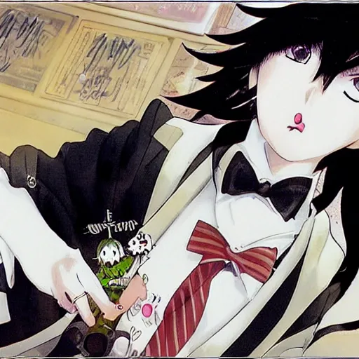 Image similar to illustration of anime girl smoking, black hair, wearing a tuxedo, made by Yoshitaka Amano