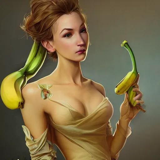 Image similar to banana in a business suit, artists portrait, fantasy, highly detailed, digital painting, concept art, sharp focus, depth of field blur, illustration, art by artgerm and greg rutkowski and alphonse mucha