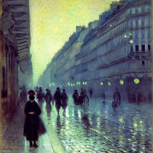 Prompt: Parisian street at night, 1880, Renoir, Jean Béraud, Gustave Caillebotte, Delaroche, Luigi Loir, Edouard Leon Cortes, moody, foggy, victorian buildings, people walking by, melancholic, busy, subdued colors, sullen