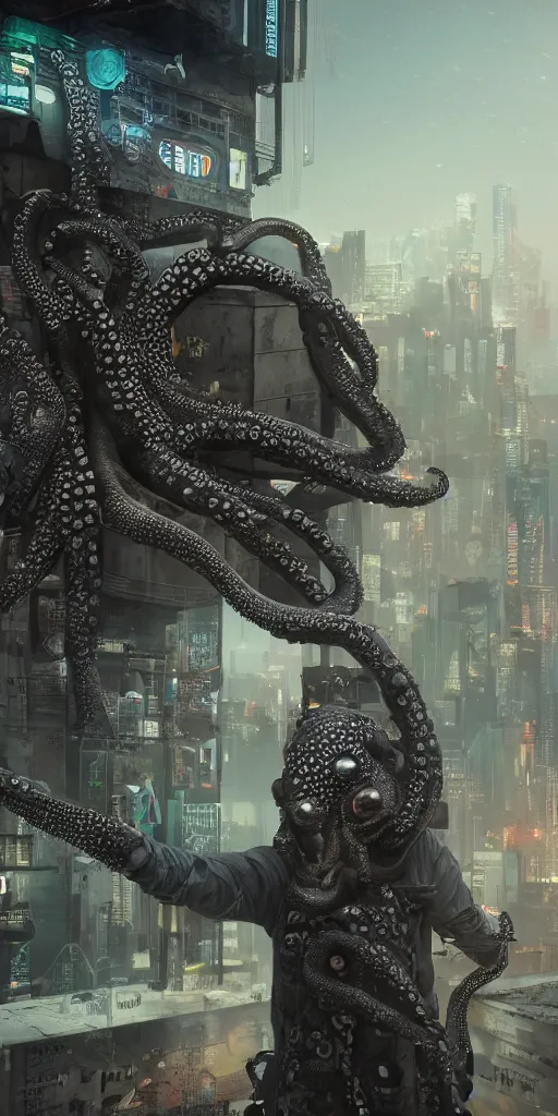 Image similar to hyperrealism, detailed textures, photorealistic 3 d cyberpunk octopus in apocalyptic city, futuristic clothing and helmet, ultra realistic, cinematic, intricate, cinematic light, unreal engine 8 k