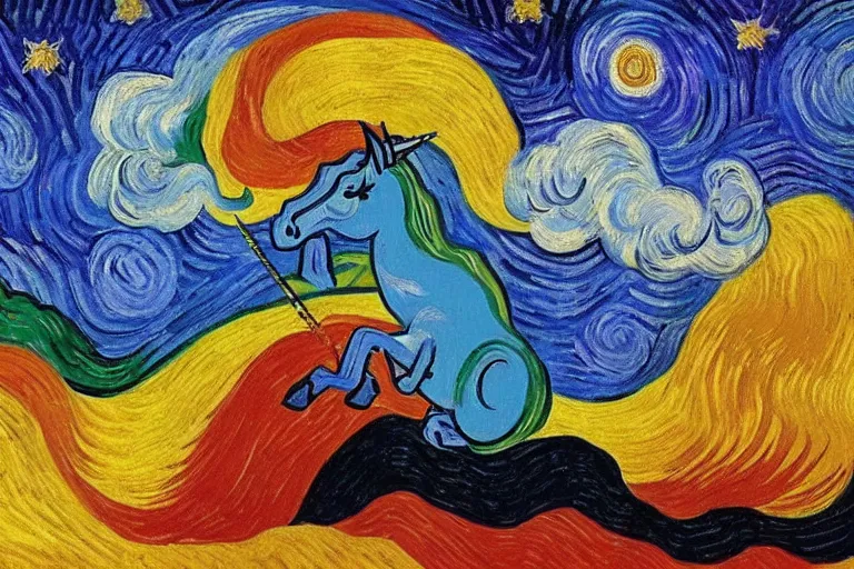 Image similar to rainbow unicorn flying in space by van gogh