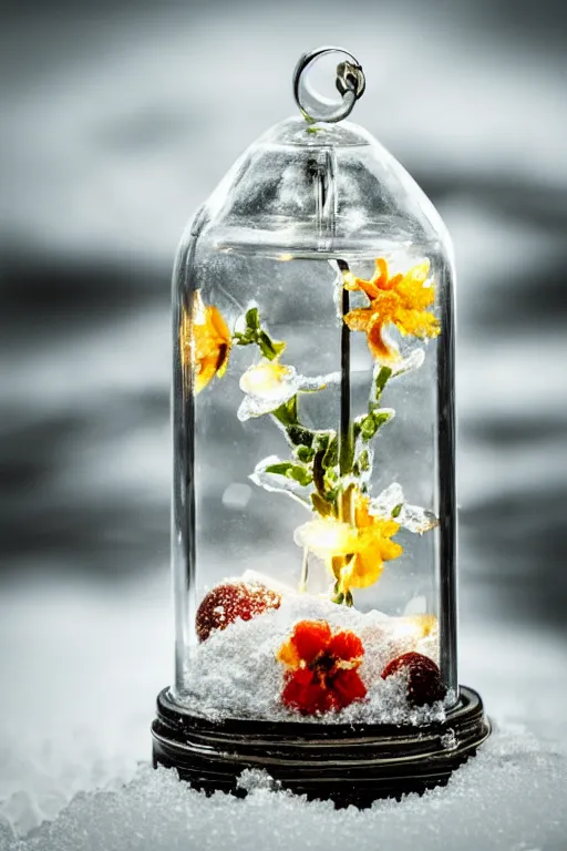 Prompt: a glass jar with summer flowers inside, burried in snow at night, metal lid, hourglass, bokeh, intricate detail, highly detailed, hyperrealistic, dramatic lighting, glowing, cgsociety, sense of awe, mystical, 8 k, beautiful digital art