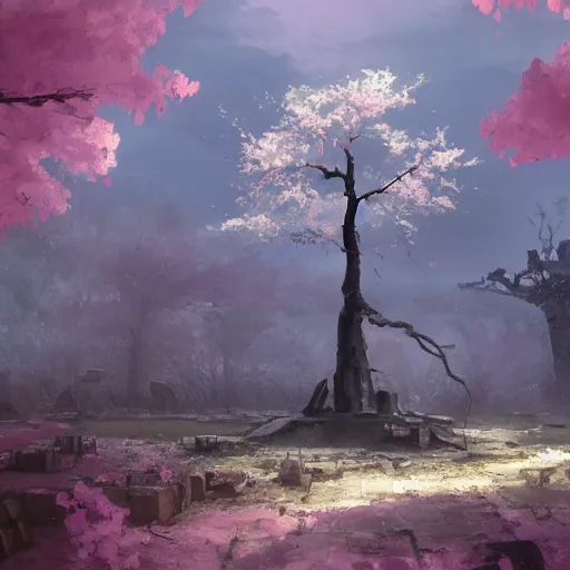 Prompt: apocalyptic ruins. One single Sakura tree growing. Atmospheric lighting, gloomy, dark, end of the world, ruins, everything is dead, post apocalyptic. Makoto Shinkai, anime, trending on ArtStation, digital art.