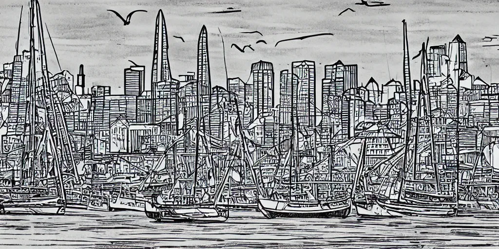 Prompt: san francisco harbor line art