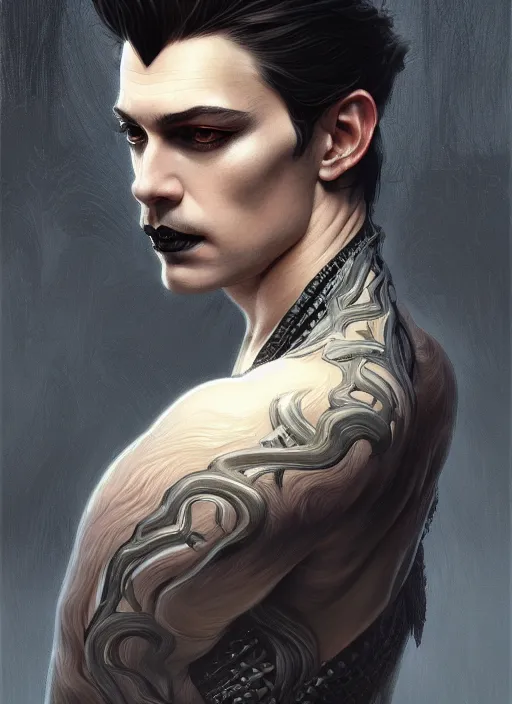 Image similar to symmetry!! portrait of a man with snake hair, gothic, dark, intricate, elegant, highly detailed, digital painting, artstation, concept art, smooth, sharp focus, illustration, art by artgerm and greg rutkowski and alphonse mucha