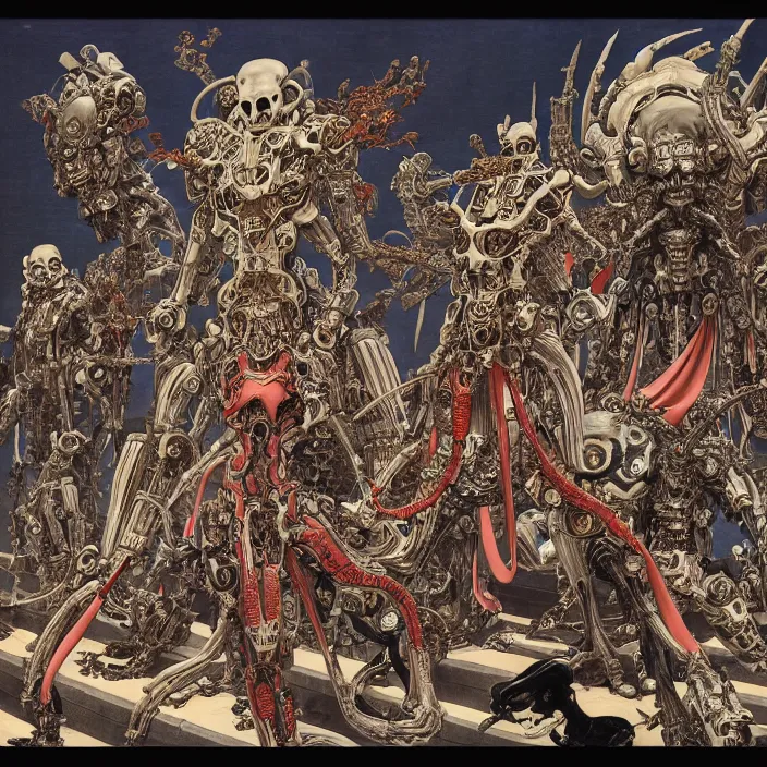 Image similar to still frame from Prometheus by Utagawa Kuniyoshi, lich Dr doom in ornate bio cybernetic bone armour fighting with mecha angels by Wayne Barlowe by peter Mohrbacher by Giger, dressed by Alexander McQueen and by Neri Oxman, metal couture hate couture editorial