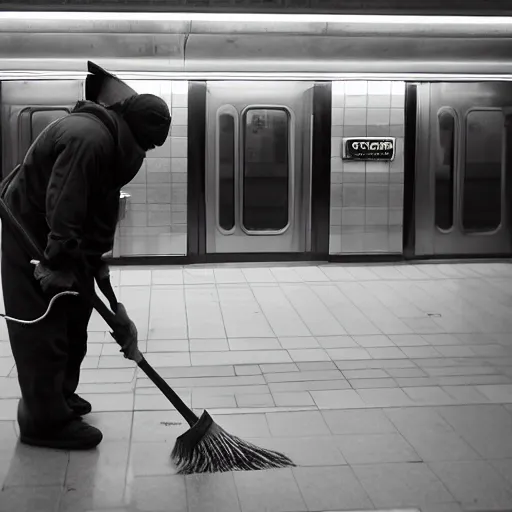 Image similar to A photo of a janitor sweeping a subway station, award-winning photography