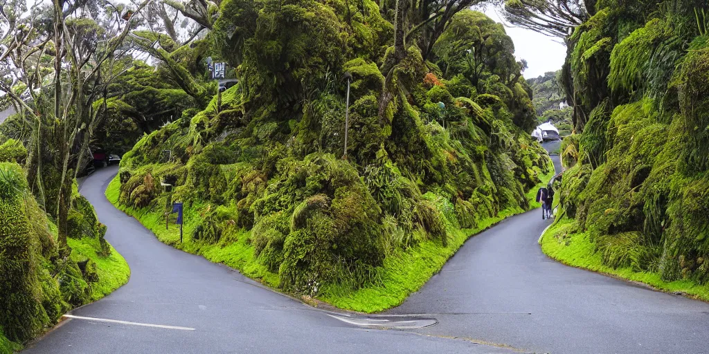 Image similar to a very steep street in wellington, new zealand lined by new zealand montane forest. podocarp, rimu, kahikatea, mountain cabbage trees, moss, vines, epiphytes, birds. windy rainy day. people walking in raincoats. 1 9 0 0's colonial cottages. harbour in the distance.