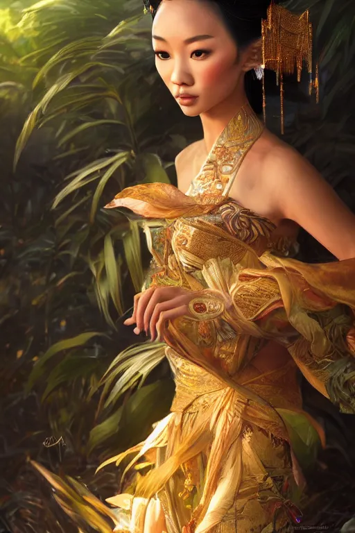 Image similar to stunningly beautiful, filipina geisha prima ballerina in jungle, symmetrical face, golden hour, smooth, focus, highly detailed, hyper realistic, dramatic lighting, elegant, intricate, concept art, art by wlop, mars ravelo, greg rutowski, artstation