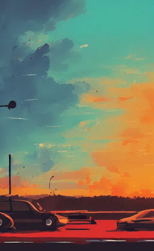 Prompt: a beautiful illustration of a car parket near a highway at sunset, silhouette of a man smoking a cigarette, art of alena aenami, featured on artstation, vertical orientation, paint brush strokes, expressionism, brushstroke - laden