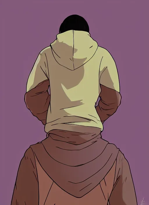 Image similar to young man in a purple hoodie, back view, messy short brown hair, colourful, natural lighting, path traced, highly detailed, high quality, cartoon, digital painting, by don bluth and ross tran and studio ghibli and alphonse mucha