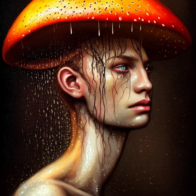 Prompt: bright portrait surreal mushrooms rain on face and wet hair, diffuse overhead lighting, fantasy, intricate, elegant, dramatic lighting, highly detailed, lifelike, photorealistic, digital painting, artstation, illustration, concept art, smooth, sharp focus, art by John Collier and Albert Aublet and Krenz Cushart and Artem Demura and Alphonse Mucha