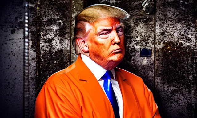 Image similar to full shot of donald trump wearing an orange jump suit, crying in a dirty jail cell in guantanamo, photograph, realistic, dramatic lighting