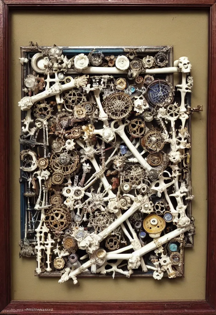 Image similar to prompt: Frame, bouget, old Victorian painting frame made out of bones, alchemical objects inspired by 1980's sci-ci, old experimentation cabinet, intricate oil painting detail, manga 1980