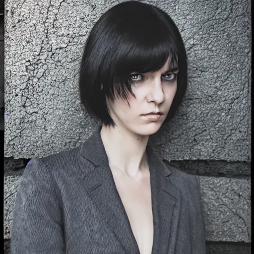 Prompt: hyperdetailed photo of a serious french woman with light eyes and thin face, very short hair, in a cybercity, in front of dark smoke, wearing sexy suit, inside berghain, classic, photo 3 5 mm leica, hyperdetail, 8 k, very detailed, fine face