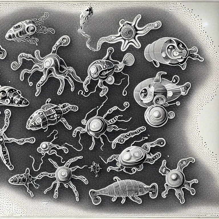 Image similar to a black and white drawing of a variety of sea life and filled with gundam mech equipment space station, a microscopic photo by ernst haeckel, zbrush central, kinetic pointillism, intricate patterns, photoillustration