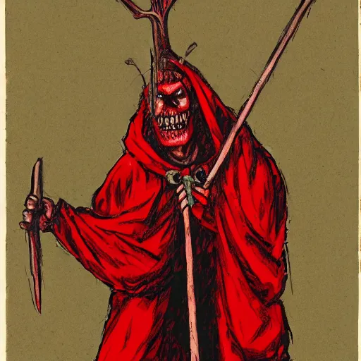 Image similar to an image of a 7 foot tall zombie lord in red robes holding a scythe